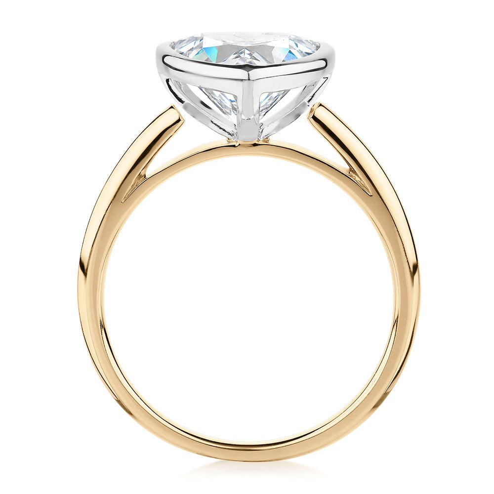 Trilliant solitaire engagement ring with 2.15 carat* diamond simulant in 14 carat yellow and white gold
