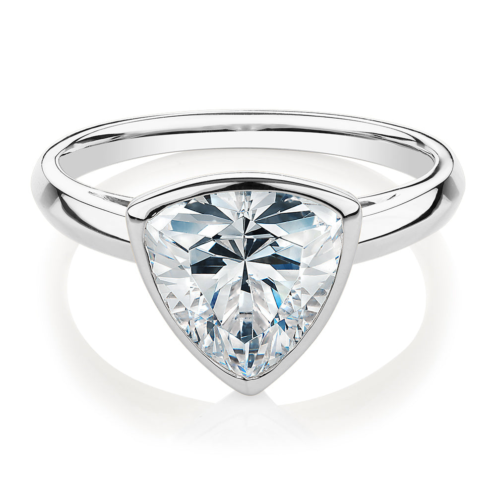 Trilliant solitaire engagement ring with 2.15 carat* diamond simulant in 14 carat white gold