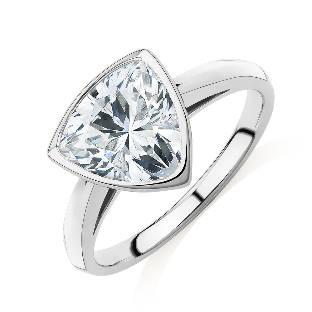 Trilliant solitaire engagement ring with 2.15 carat* diamond simulant in 14 carat white gold