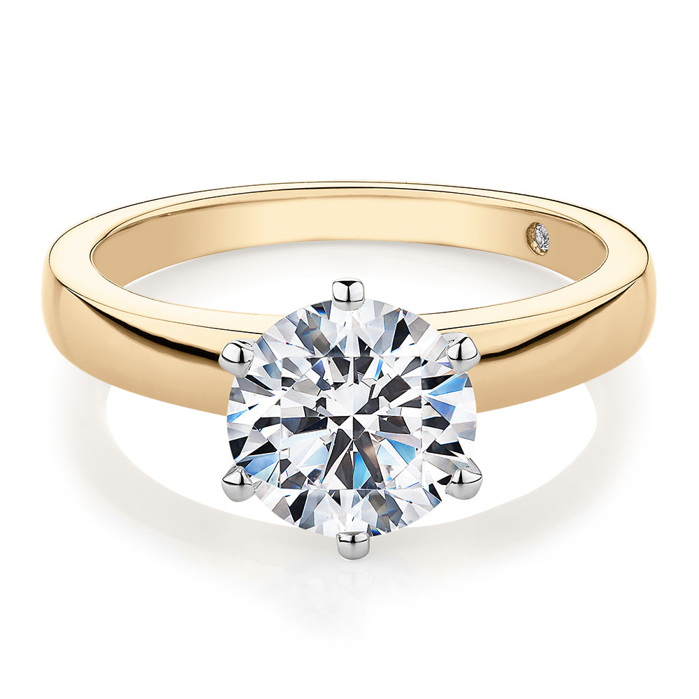 Signature Simulant Diamond 2.00 carat* round brilliant solitaire engagement ring in 10 carat yellow and white gold