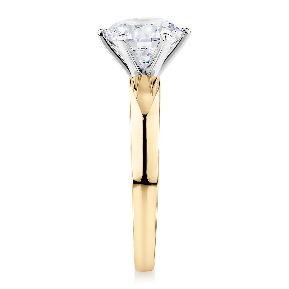 Signature Simulant Diamond 2.00 carat* round brilliant solitaire engagement ring in 10 carat yellow and white gold