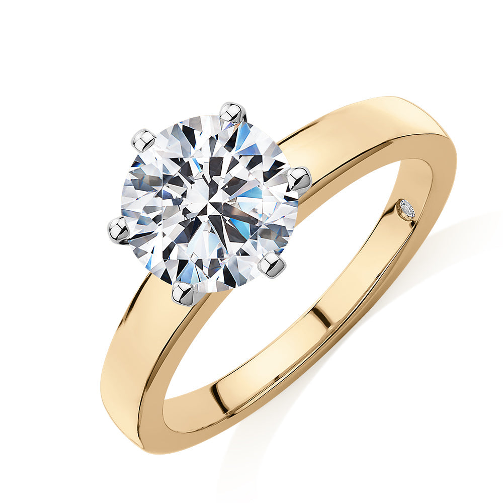 Signature Simulant Diamond 2.00 carat* round brilliant solitaire engagement ring in 10 carat yellow and white gold