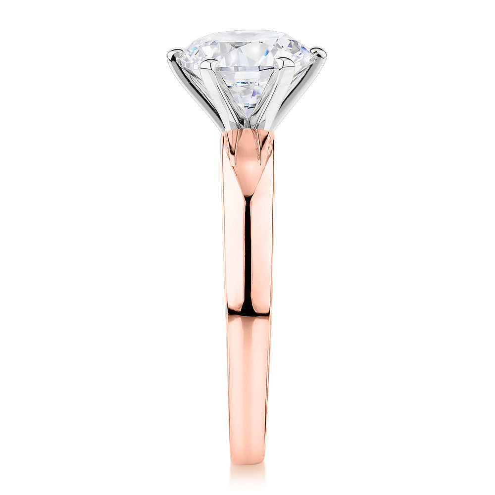 Signature Simulant Diamond 2.00 carat* round brilliant solitaire engagement ring in 10 carat rose and white gold