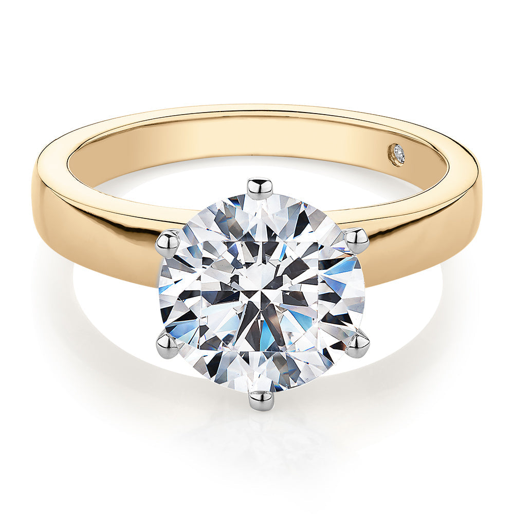 Signature Simulant Diamond 3.00 carat* round brilliant solitaire engagement ring in 10 carat yellow and white gold