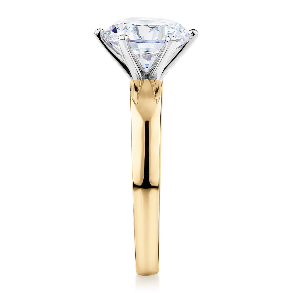 Signature Simulant Diamond 3.00 carat* round brilliant solitaire engagement ring in 10 carat yellow and white gold