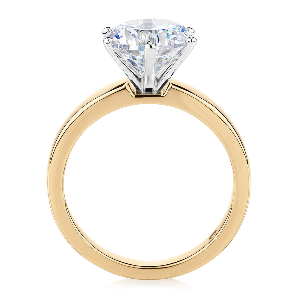 Signature Simulant Diamond 3.00 carat* round brilliant solitaire engagement ring in 10 carat yellow and white gold