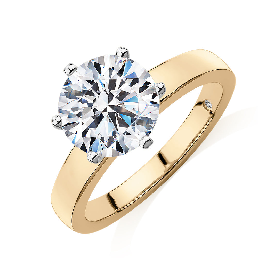 Signature Simulant Diamond 3.00 carat* round brilliant solitaire engagement ring in 10 carat yellow and white gold