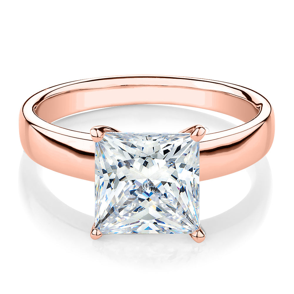 Princess Cut solitaire engagement ring with 3.01 carat* diamond simulant in 14 carat rose gold