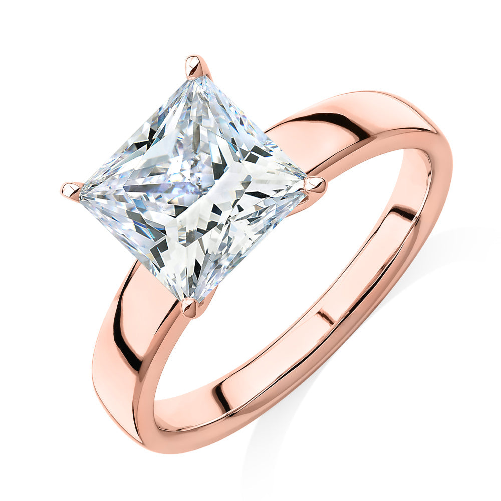 Princess Cut solitaire engagement ring with 3.01 carat* diamond simulant in 14 carat rose gold