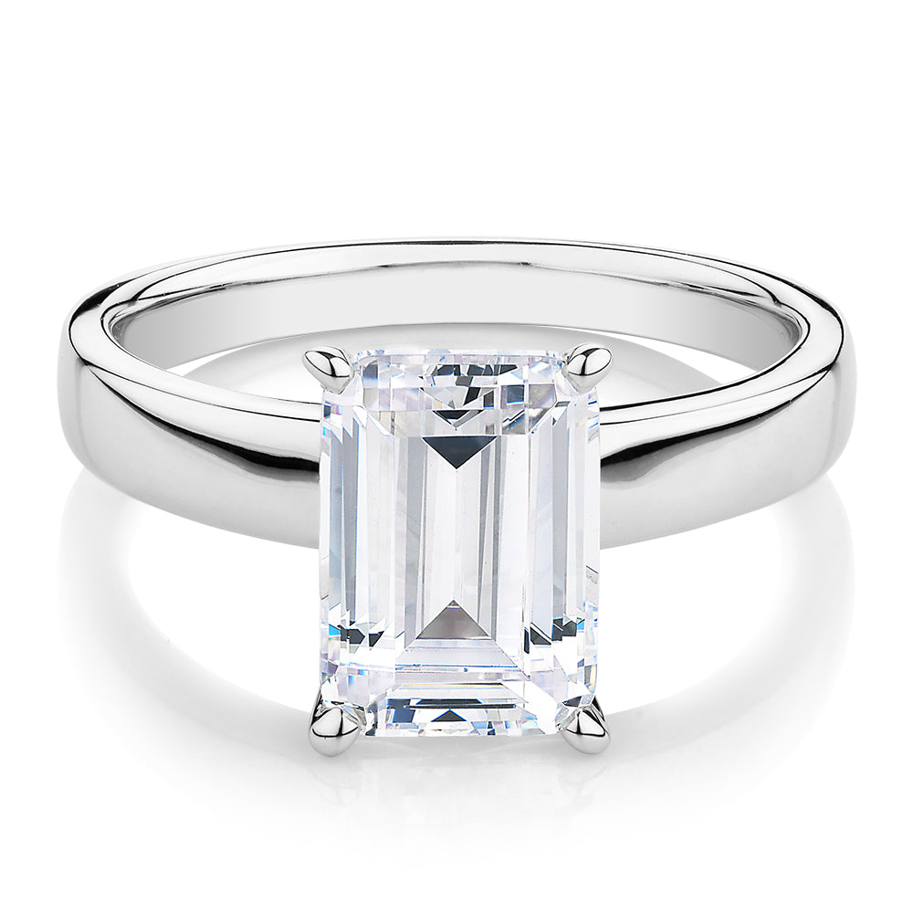 Emerald Cut solitaire engagement ring with 3.01 carat* diamond simulant in 10 carat white gold