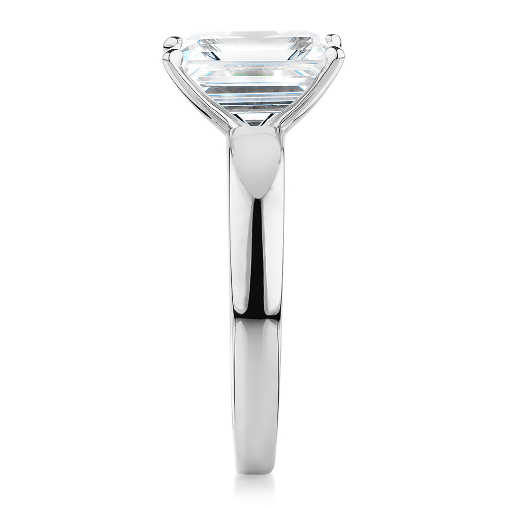 Emerald Cut solitaire engagement ring with 3.01 carat* diamond simulant in 10 carat white gold