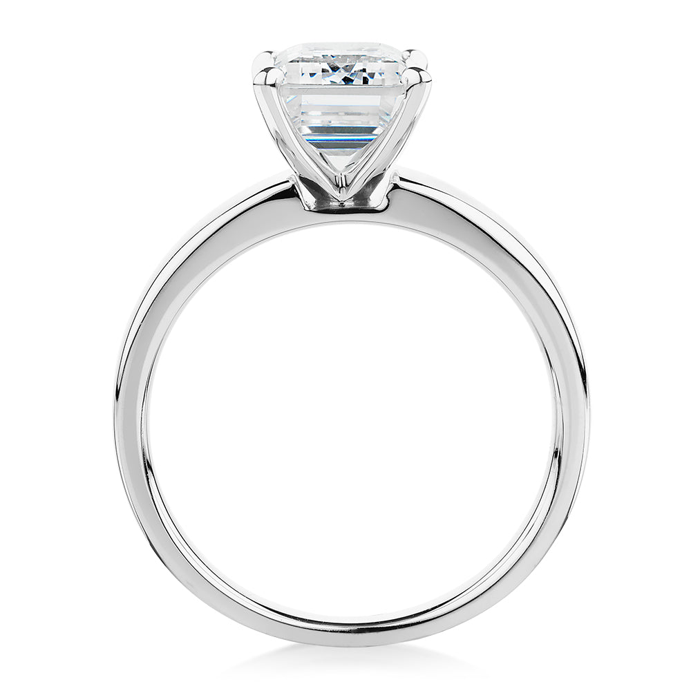 Emerald Cut solitaire engagement ring with 3.01 carat* diamond simulant in 10 carat white gold