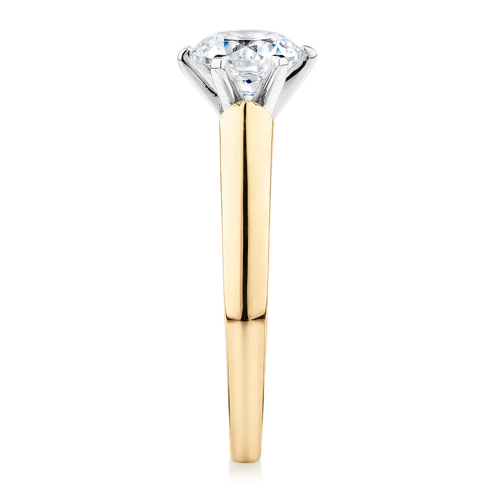 Round Brilliant solitaire engagement ring with 1 carat* diamond simulant in 14 carat yellow and white gold