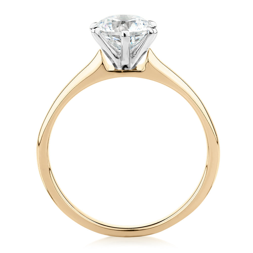 Round Brilliant solitaire engagement ring with 1 carat* diamond simulant in 14 carat yellow and white gold