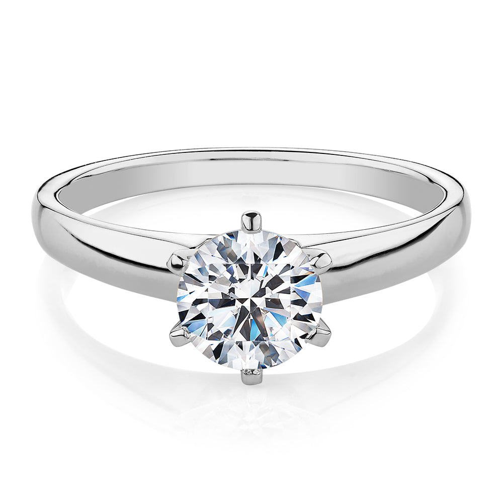 Round Brilliant solitaire engagement ring with 1 carat* diamond simulant in 14 carat white gold