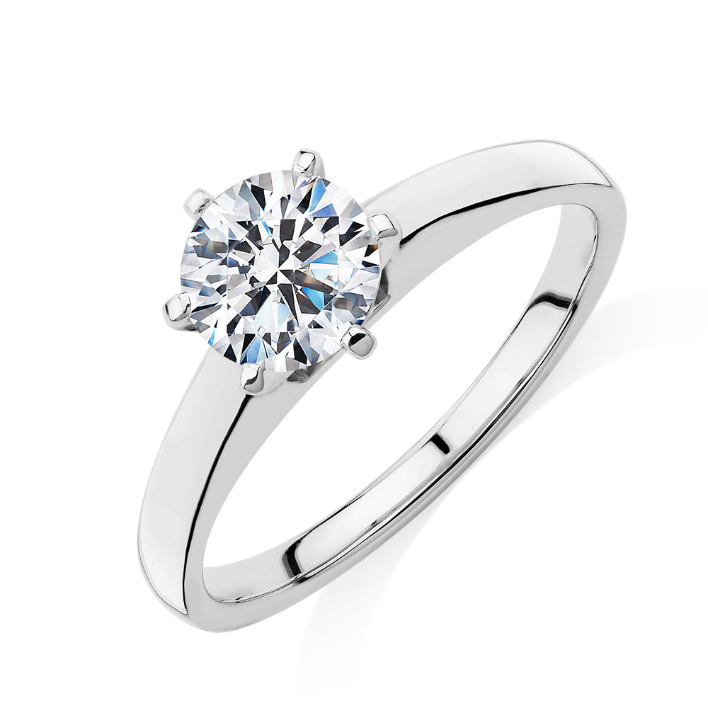 Round Brilliant solitaire engagement ring with 1 carat* diamond simulant in 14 carat white gold