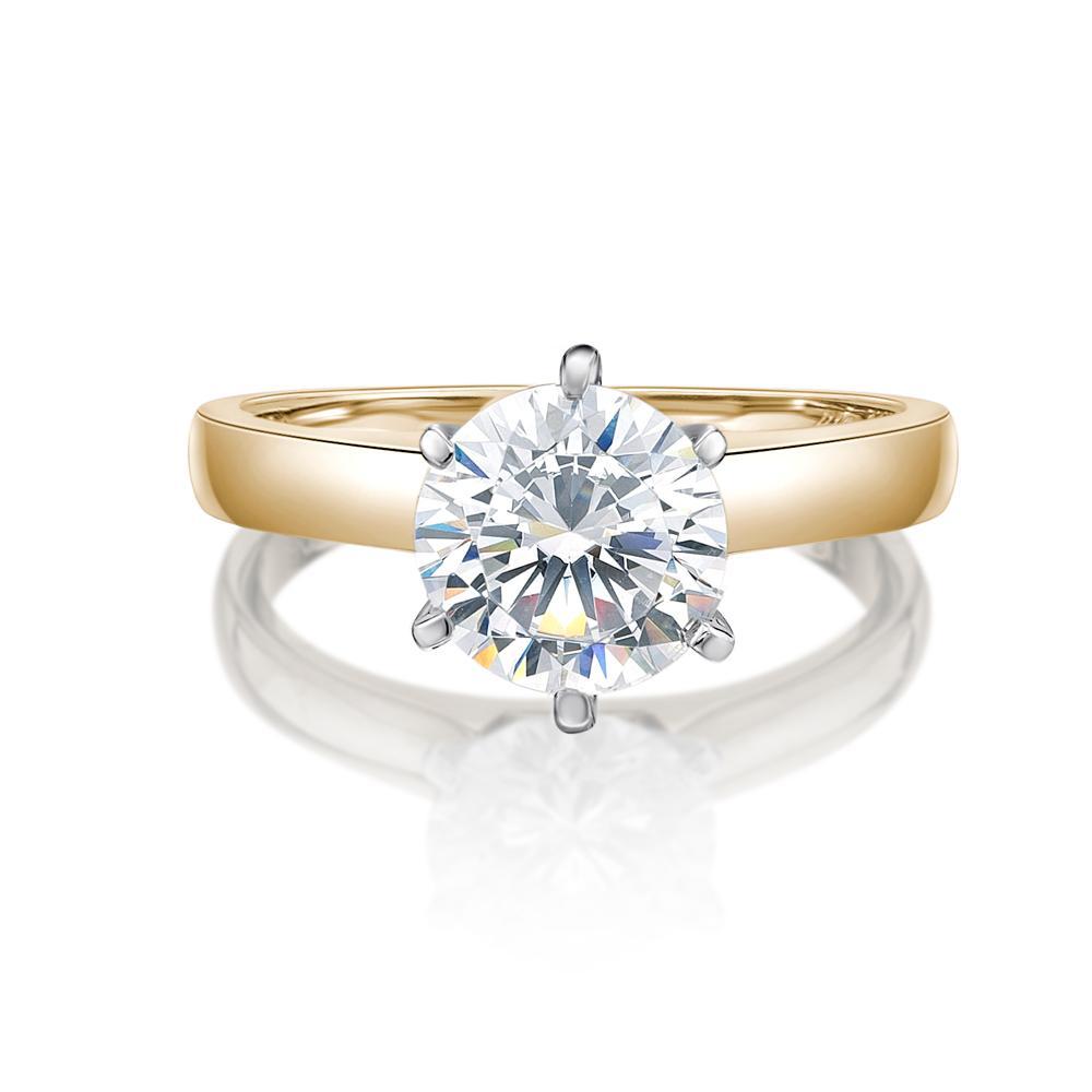 Round Brilliant solitaire engagement ring with 2 carat* diamond simulant in 10 carat yellow and white gold