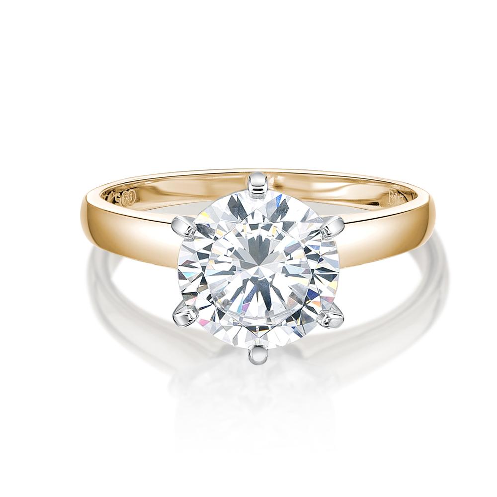 Round Brilliant solitaire engagement ring with 3 carat* diamond simulant in 10 carat yellow and white gold