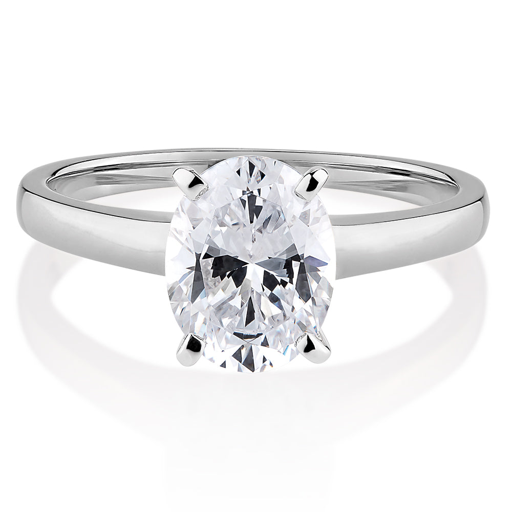 Oval solitaire engagement ring with 2 carat* diamond simulant in 14 carat white gold