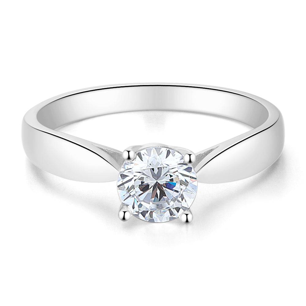Round Brilliant solitaire engagement ring with 0.75 carat* diamond simulant in 14 carat white gold
