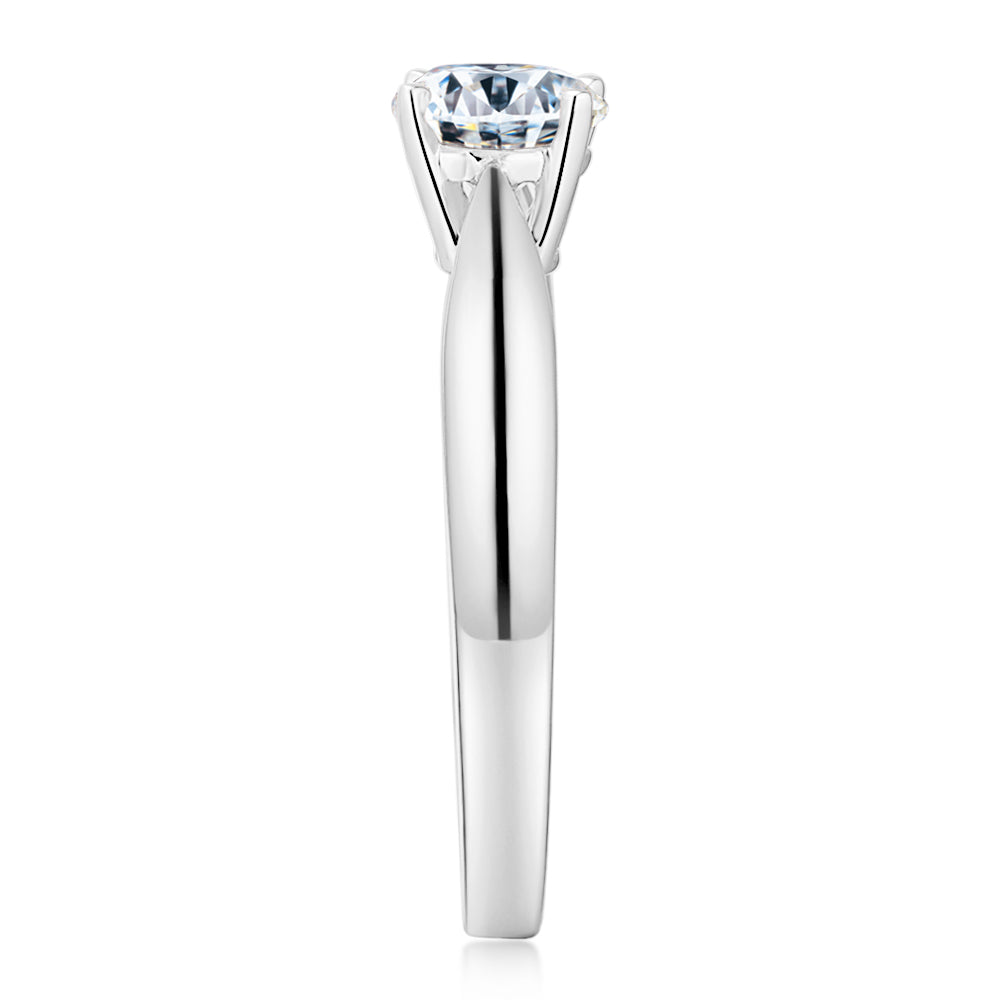 Round Brilliant solitaire engagement ring with 0.75 carat* diamond simulant in 14 carat white gold