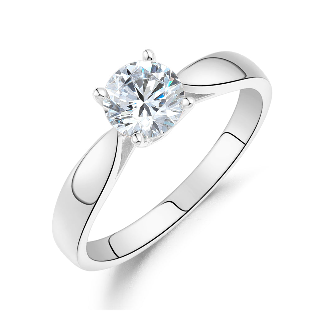Round Brilliant solitaire engagement ring with 0.75 carat* diamond simulant in 14 carat white gold