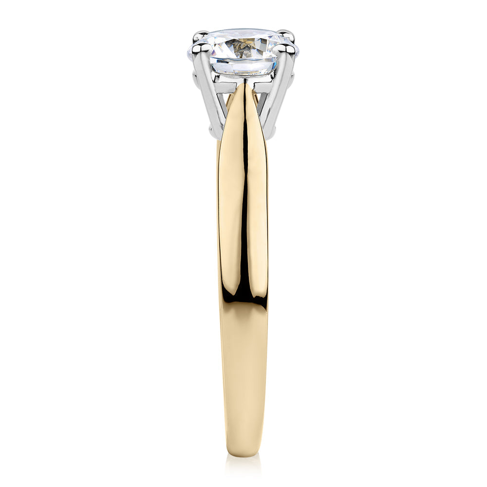 Round Brilliant solitaire engagement ring with 1 carat* diamond simulant in 10 carat yellow and white gold