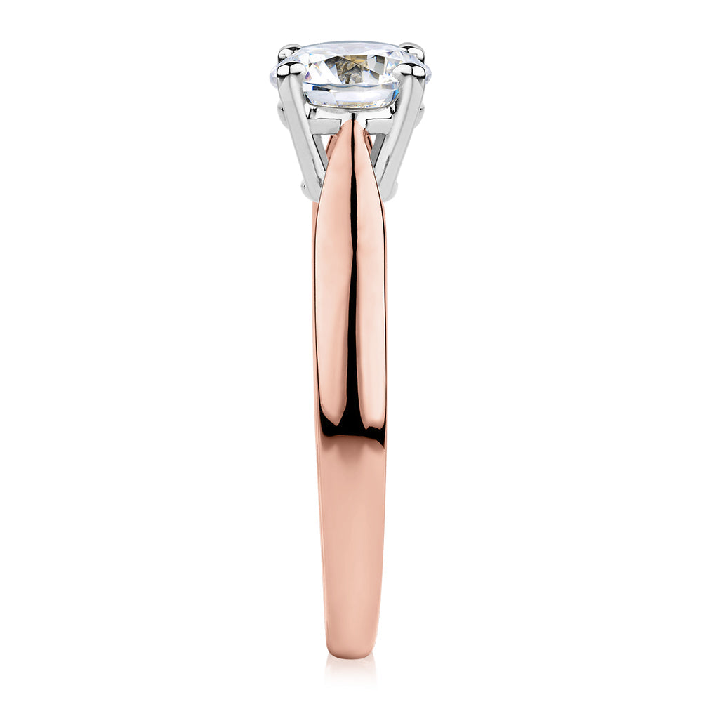 Round Brilliant solitaire engagement ring with 1 carat* diamond simulant in 10 carat rose and white gold