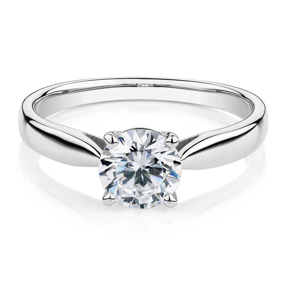 Round Brilliant solitaire engagement ring with 1 carat* diamond simulant in 10 carat white gold
