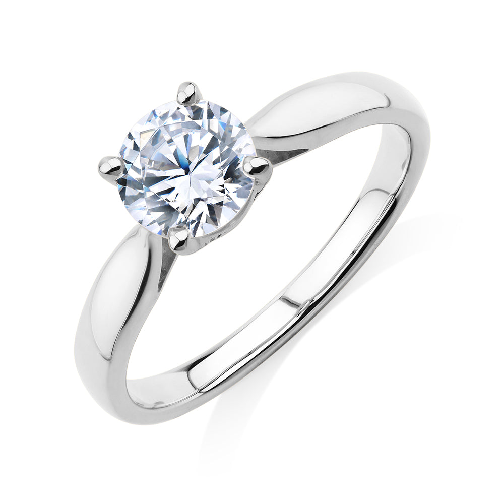Round Brilliant solitaire engagement ring with 1 carat* diamond simulant in 10 carat white gold
