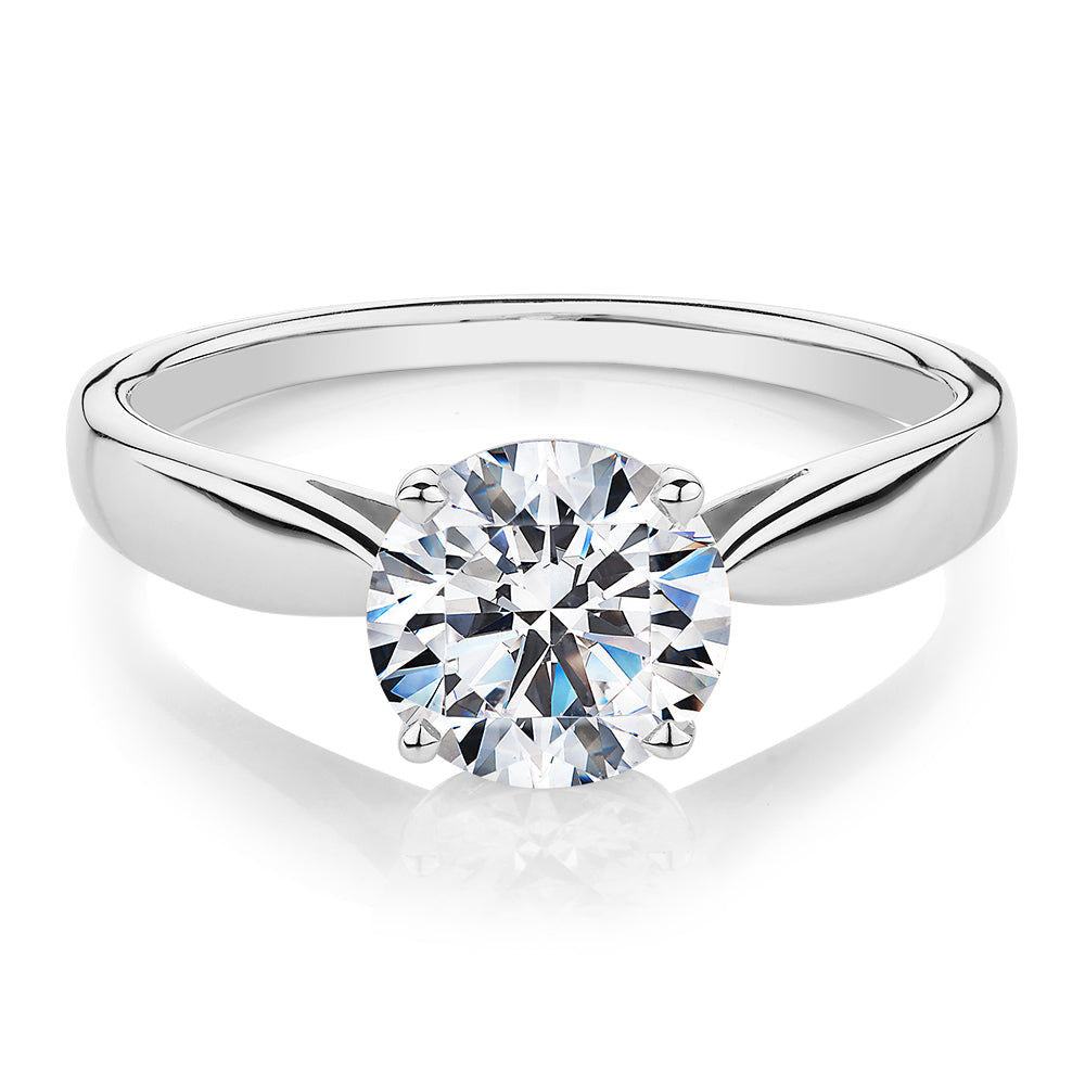 Round Brilliant solitaire engagement ring with 1.5 carat* diamond simulant in 14 carat white gold