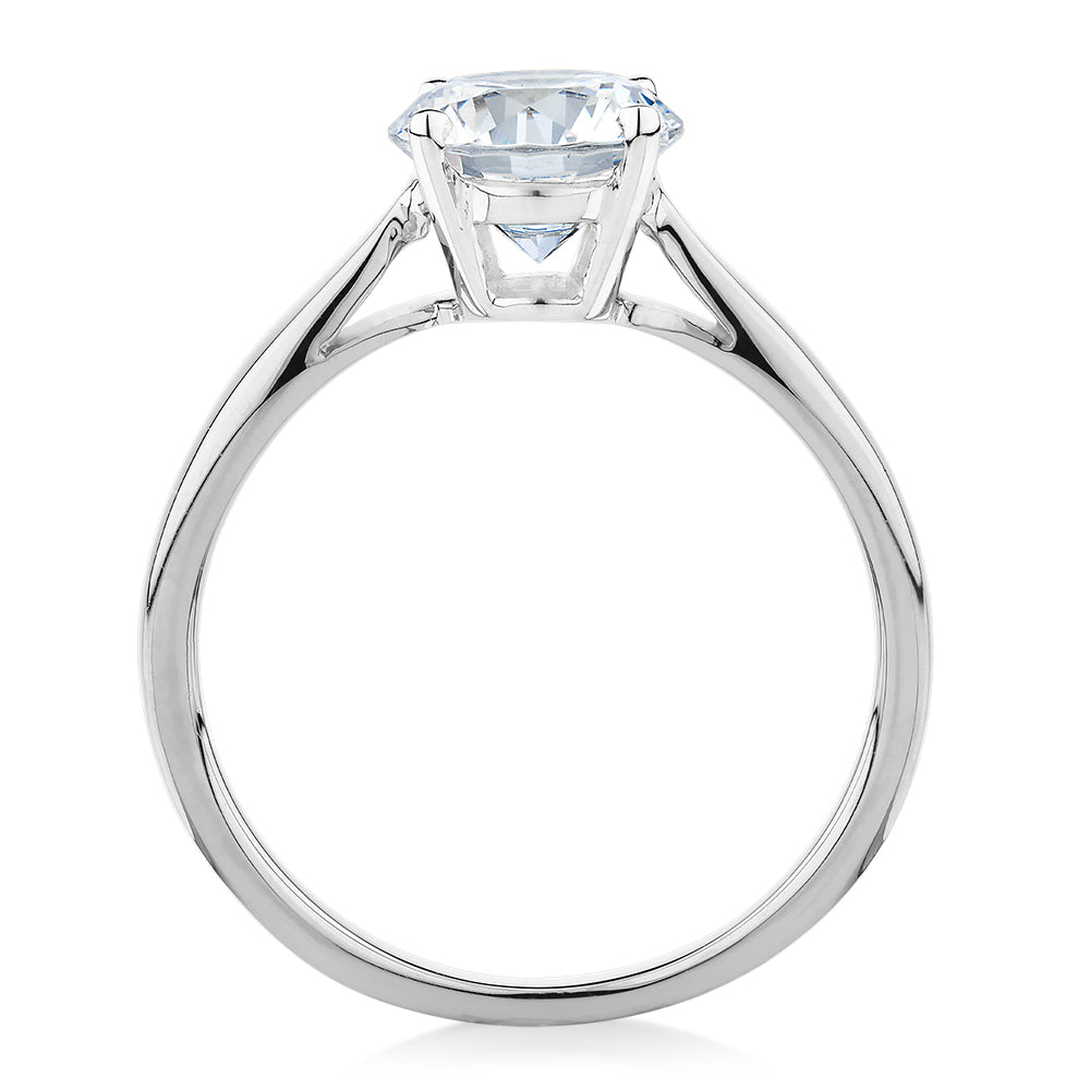 Round Brilliant solitaire engagement ring with 1.5 carat* diamond simulant in 14 carat white gold