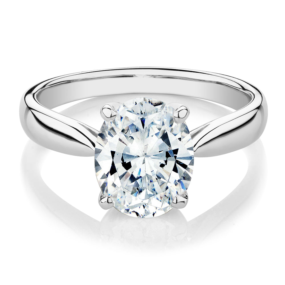 Oval solitaire engagement ring with 2.54 carat* diamond simulant in 10 carat white gold