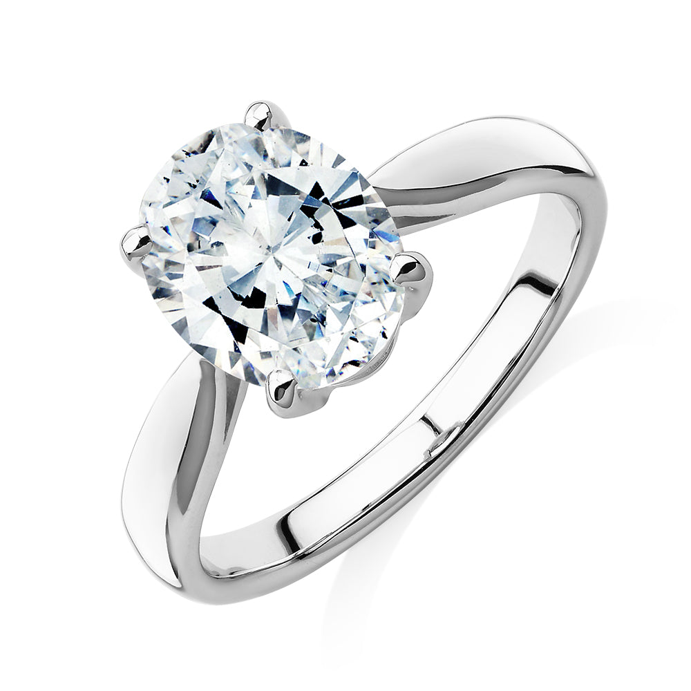 Oval solitaire engagement ring with 2.54 carat* diamond simulant in 10 carat white gold