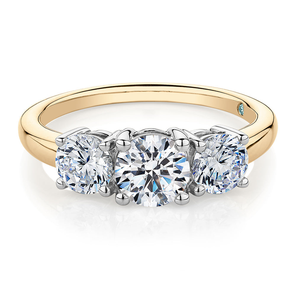 Premium Certified Lab-Grown Diamond, 2.00 carat TW round brilliant three stone ring in 10 carat yell