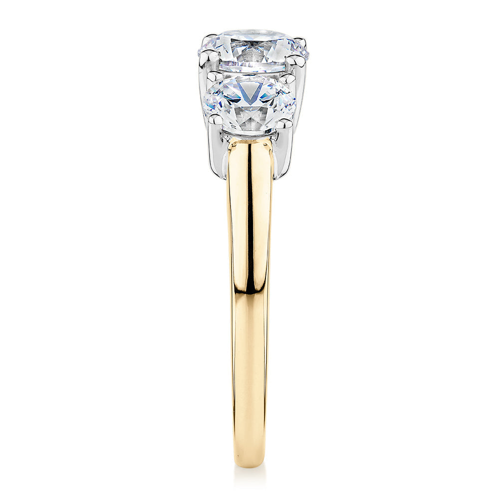 Premium Certified Lab-Grown Diamond, 2.00 carat TW round brilliant three stone ring in 10 carat yell