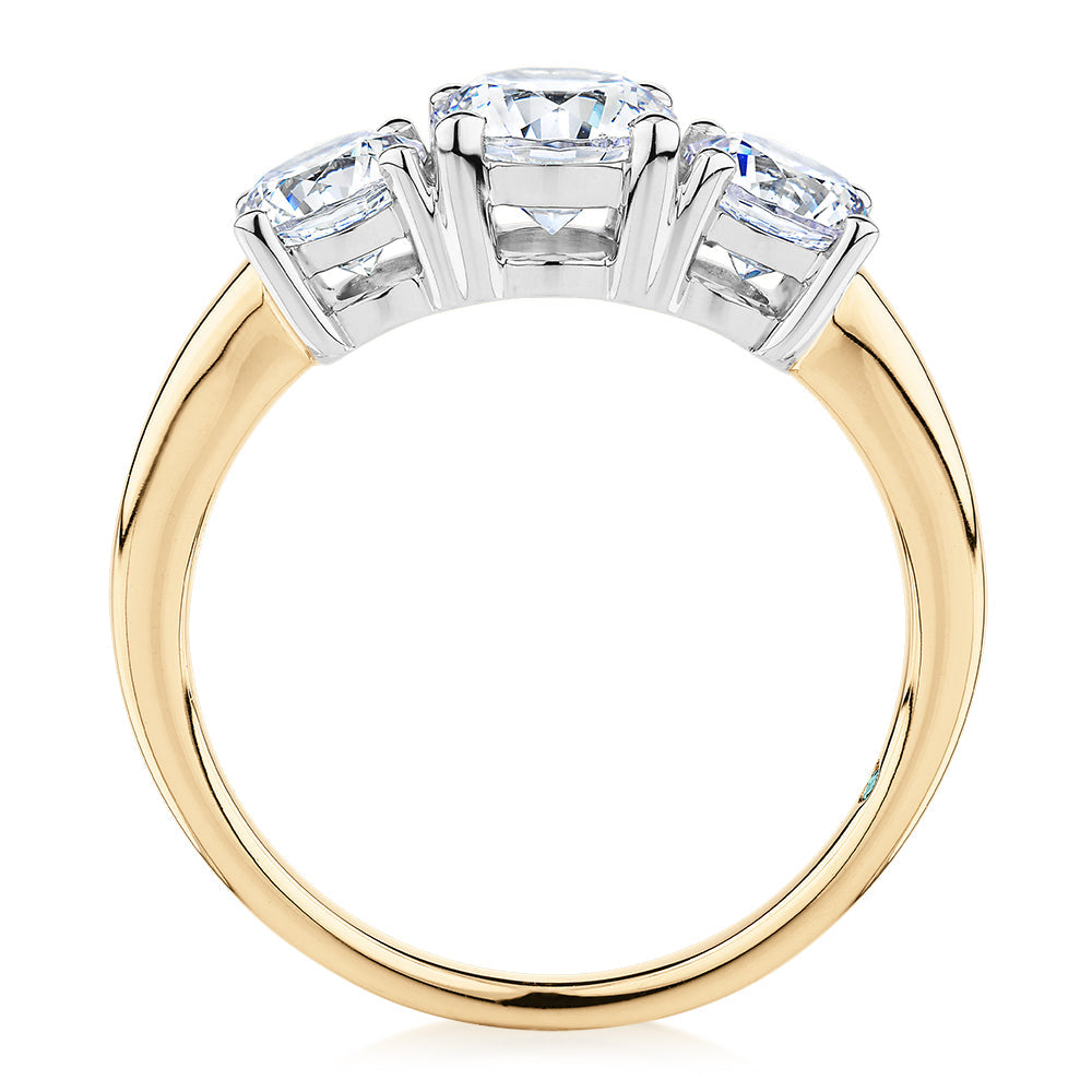Premium Certified Lab-Grown Diamond, 2.00 carat TW round brilliant three stone ring in 10 carat yell