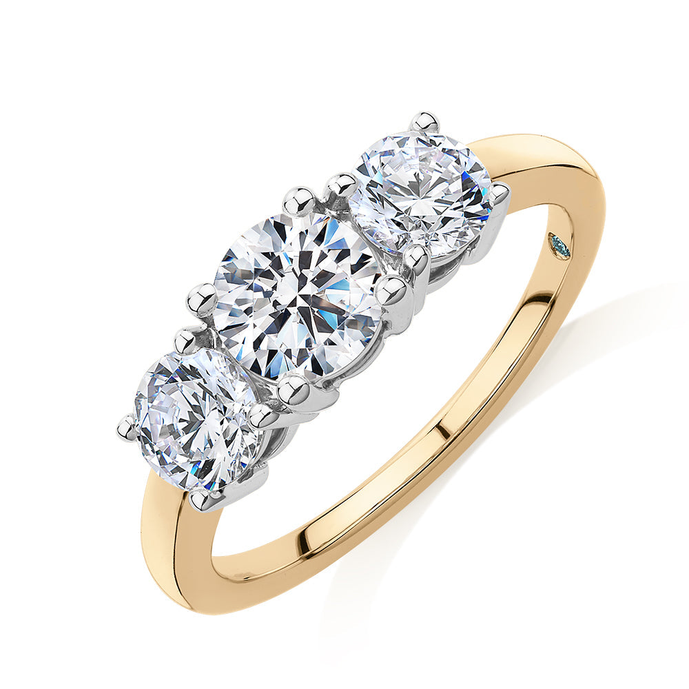 Premium Certified Lab-Grown Diamond, 2.00 carat TW round brilliant three stone ring in 10 carat yell
