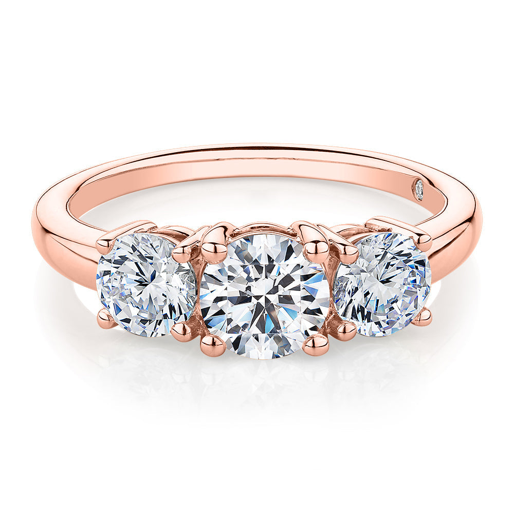 Signature Simulant Diamond 2.00 carat* TW round brilliant cut three stone engagement ring in 10 carat rose gold