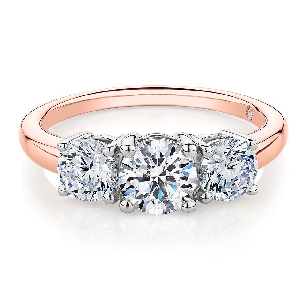 Signature Simulant Diamond 2.00 carat* TW round brilliant cut three stone engagement ring in 10 carat rose and white gold
