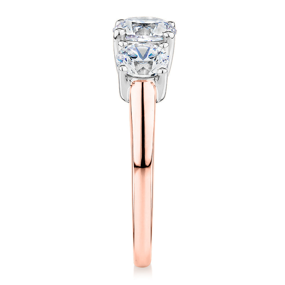 Signature Simulant Diamond 2.00 carat* TW round brilliant cut three stone engagement ring in 10 carat rose and white gold