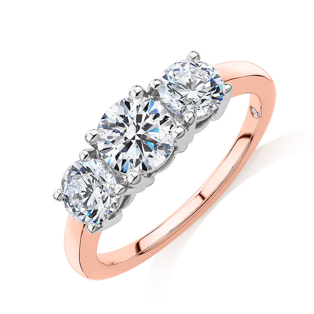 Signature Simulant Diamond 2.00 carat* TW round brilliant cut three stone engagement ring in 10 carat rose and white gold