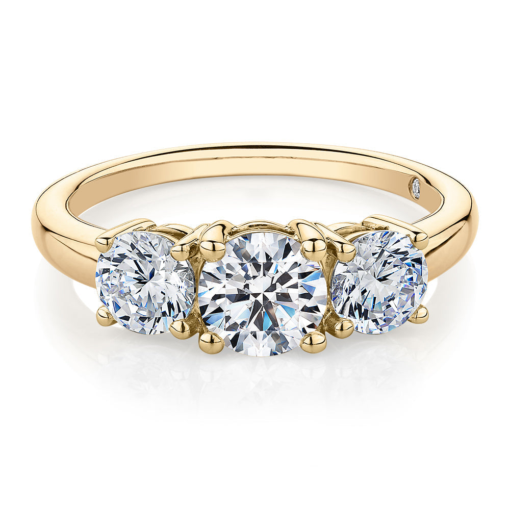 Signature Simulant Diamond 2.00 carat* TW round brilliant cut three stone engagement ring in 10 carat yellow gold