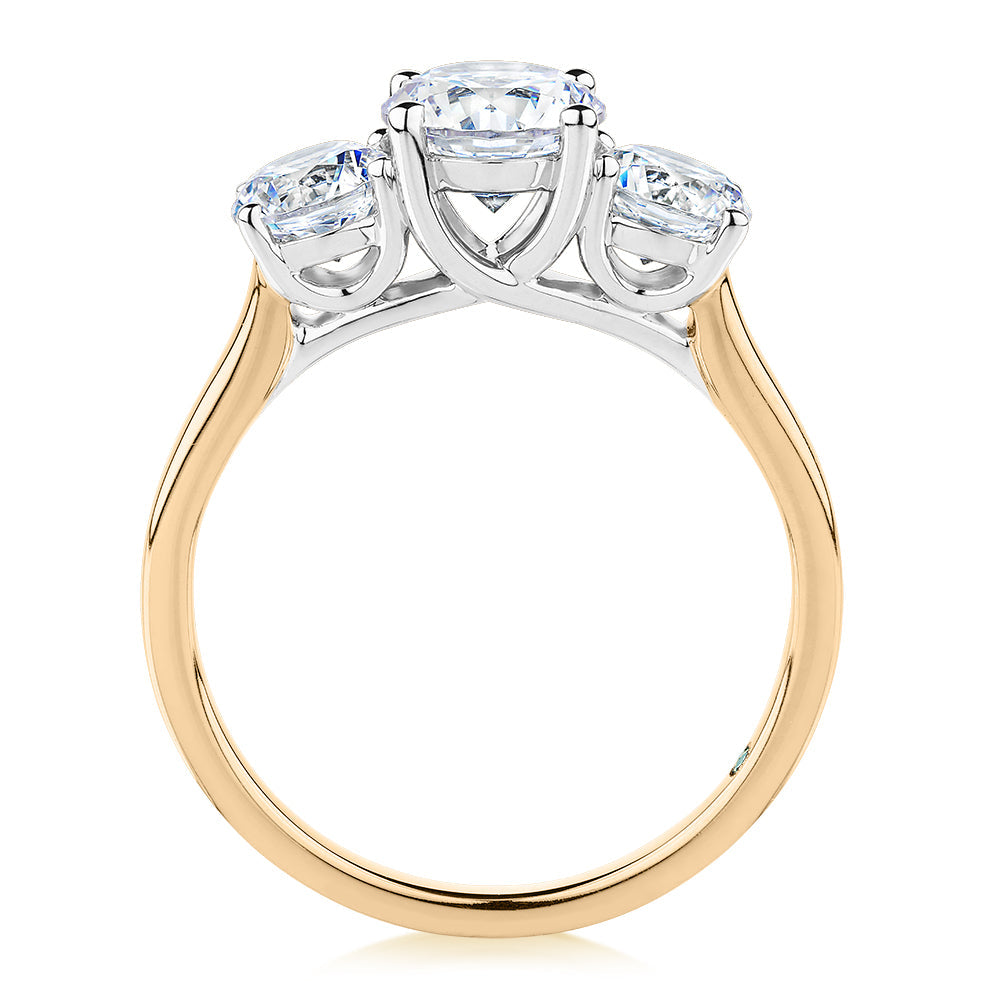 Premium Certified Lab-Grown Diamond 2.00 carat TW round brilliant cut three stone engagement ring in 10 carat yellow and white gold