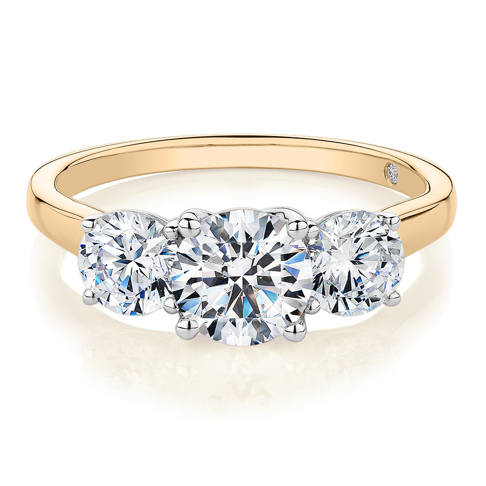 Signature Simulant Diamond 2.00 carat* TW round brilliant cut three stone engagement ring in 10 carat yellow and white gold