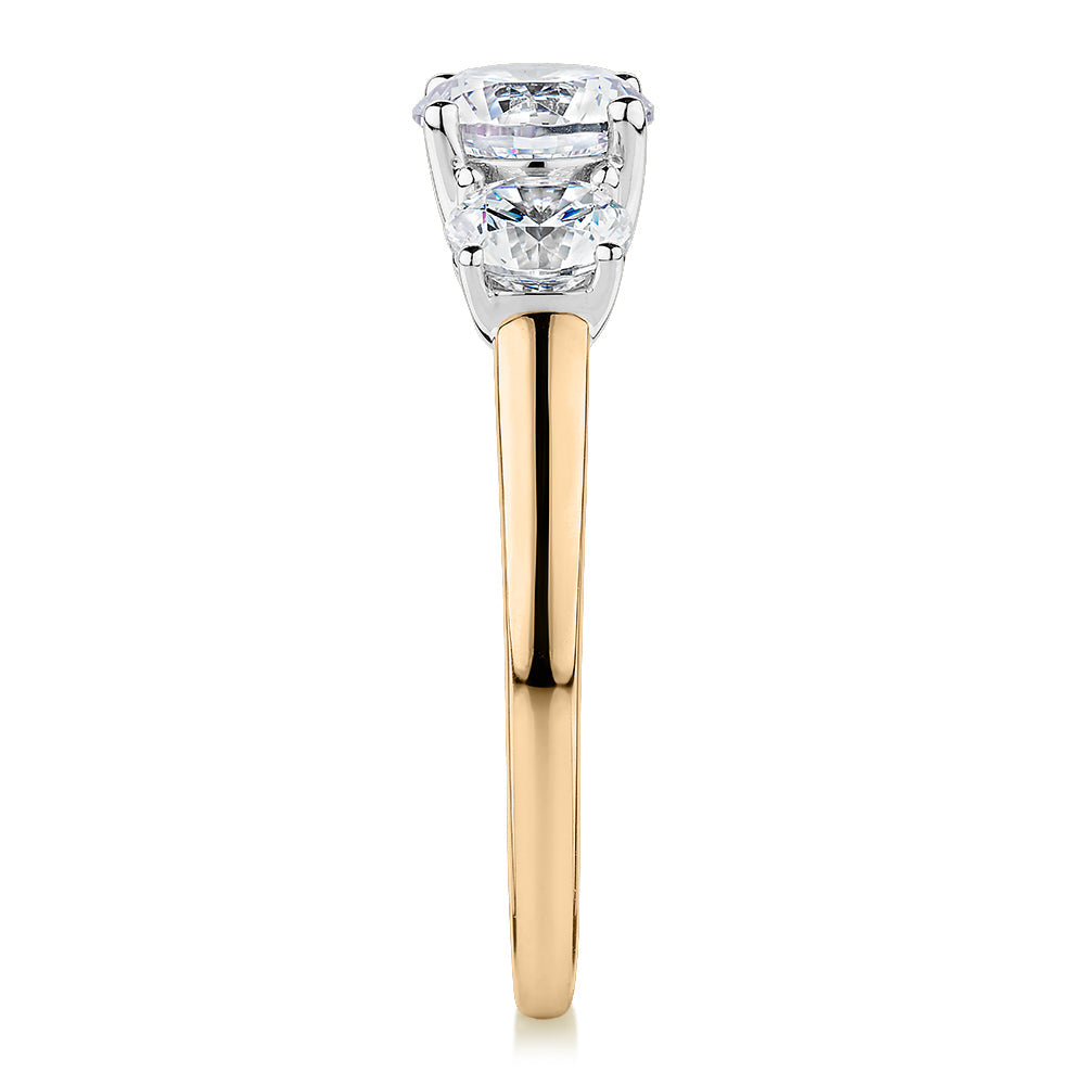 Signature Simulant Diamond 2.00 carat* TW round brilliant cut three stone engagement ring in 10 carat yellow and white gold