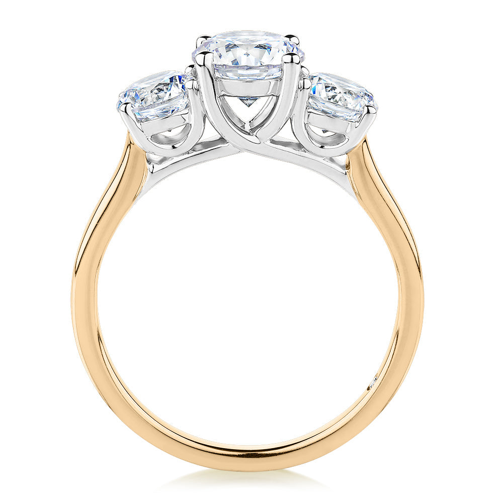 Signature Simulant Diamond 2.00 carat* TW round brilliant cut three stone engagement ring in 10 carat yellow and white gold