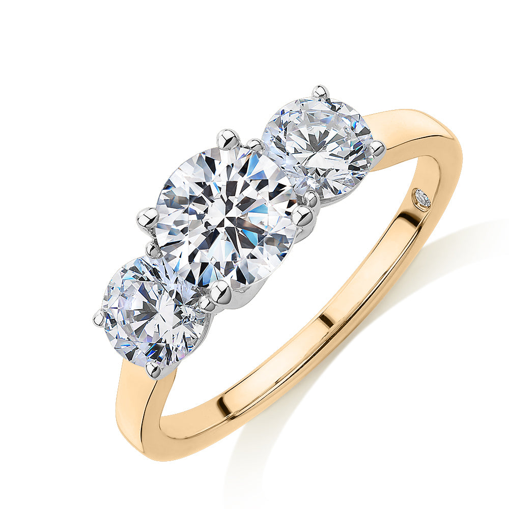 Signature Simulant Diamond 2.00 carat* TW round brilliant cut three stone engagement ring in 10 carat yellow and white gold
