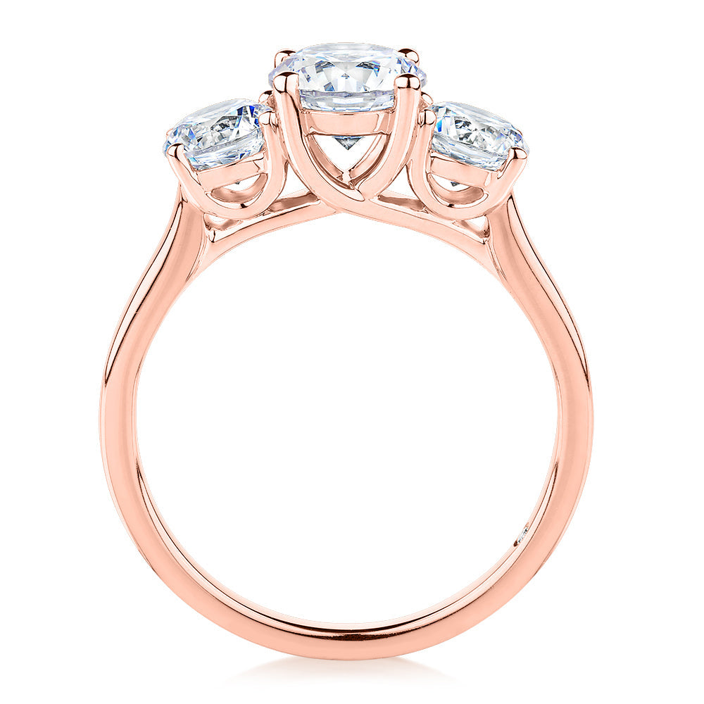 Signature Simulant Diamond 2.00 carat* TW round brilliant cut three stone engagement ring in 10 carat rose