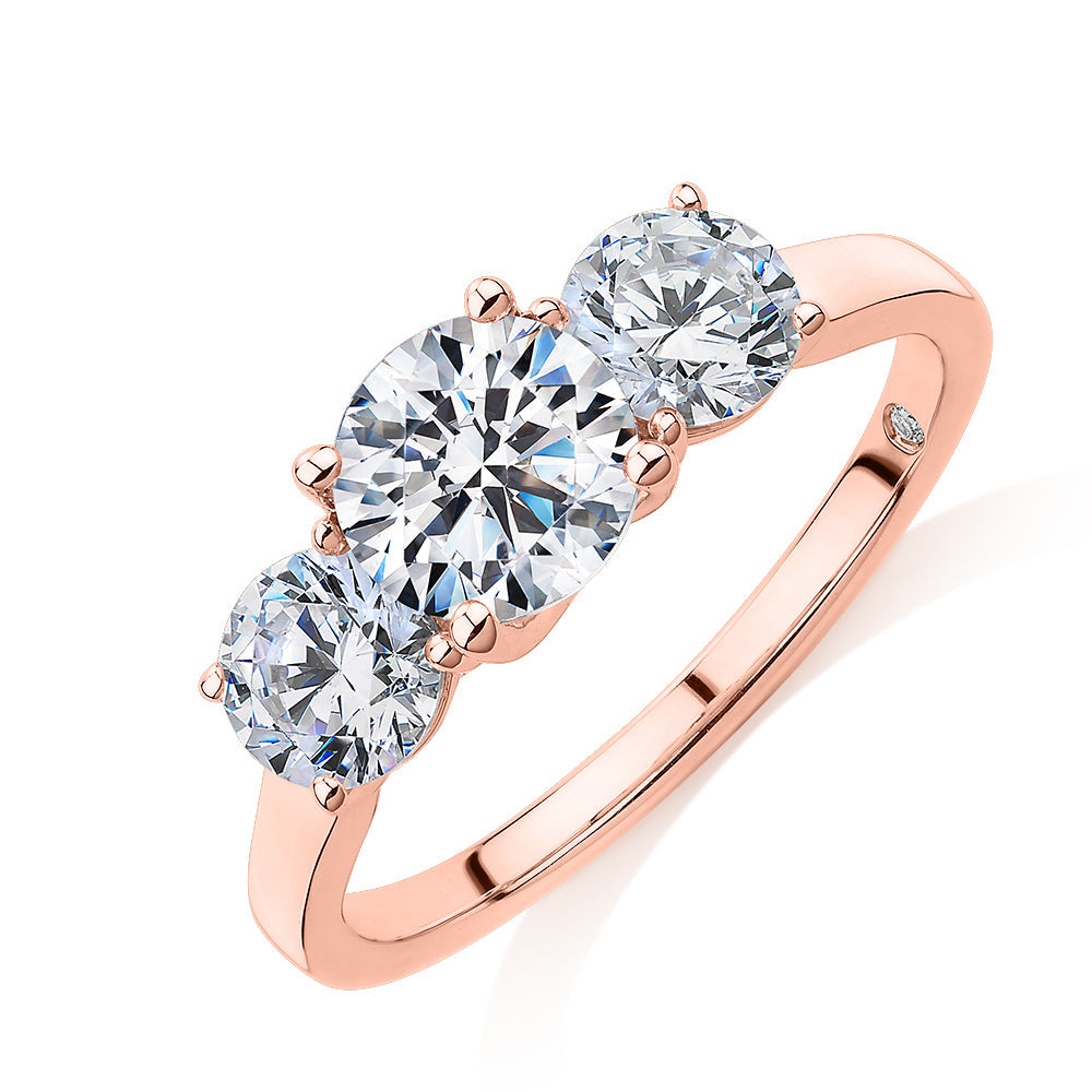 Signature Simulant Diamond 2.00 carat* TW round brilliant cut three stone engagement ring in 10 carat rose